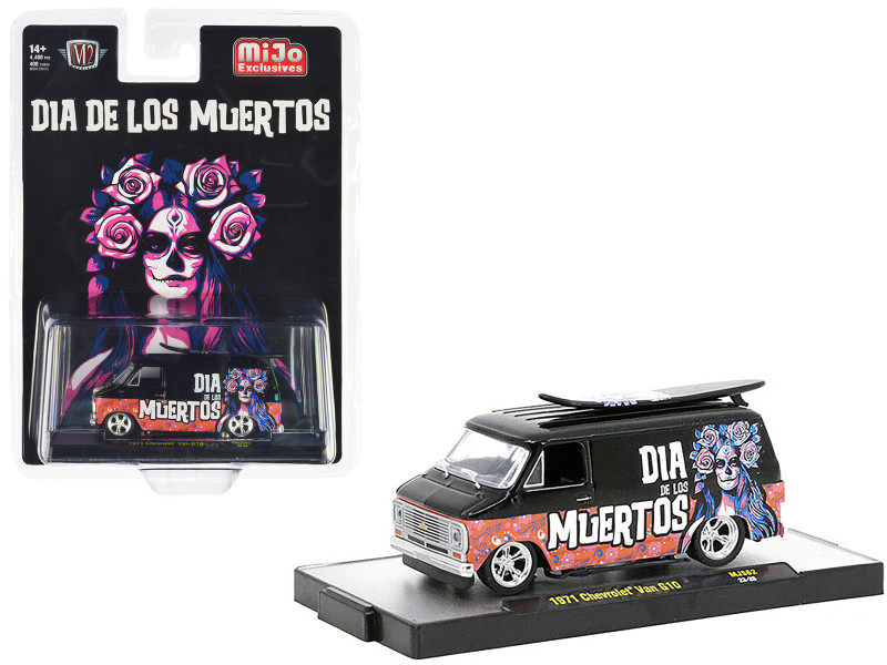 1971 Chevrolet C10 Van Black with Graphics Dia De Los Muertos With Surfboard on Roof Limited Edition to 4400 pieces Worldwide 1/64 Diecast Model Car M2 Machines 31500-MJS62