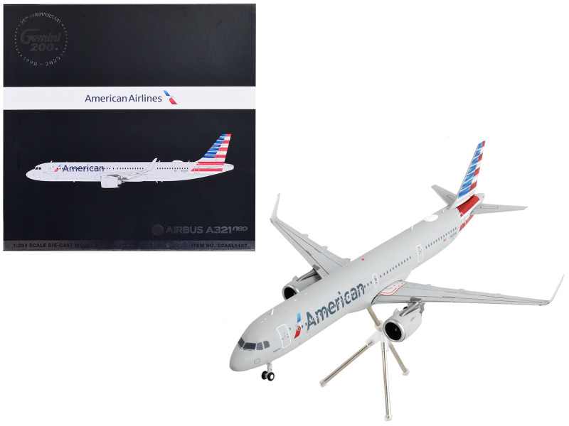 Airbus A321neo Commercial Aircraft American Airlines Silver with Striped Tail Gemini 200 Series 1/200 Diecast Model Airplane GeminiJets G2AAL1107