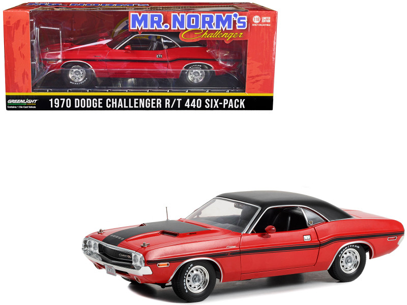 1970 Dodge Challenger R T 440 Six Pack Red with Black Stripes and Top Teal Mr Norm s Challenger Mr Norm's Grand Spaulding Dodge 1/18 Diecast Model Car Greenlight 13667