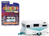 1958 Siesta Travel Trailer White and Teal with Polished Silver Stripes Hitched Homes Series 14 1/64 Diecast Model Greenlight 34140B
