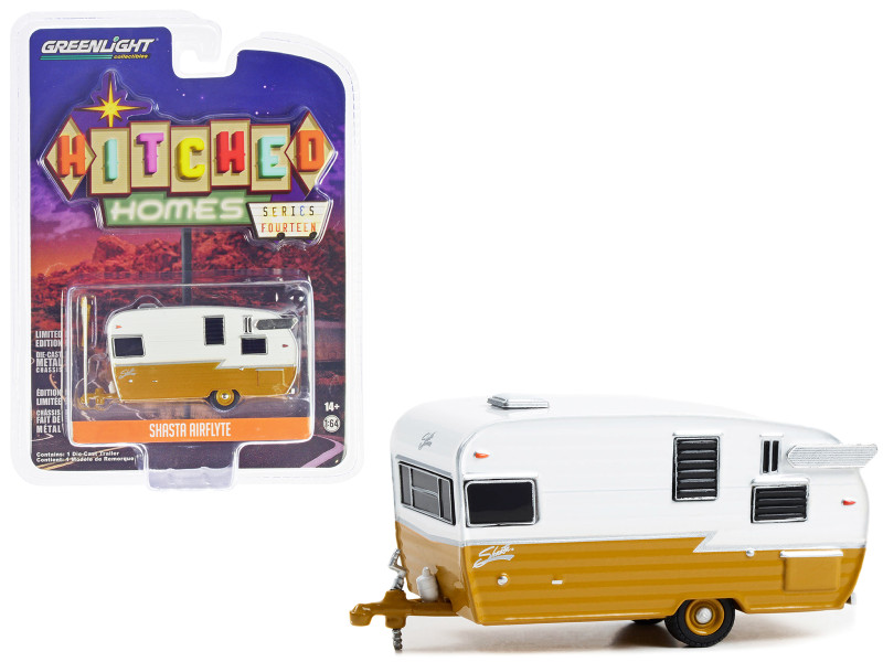 Shasta Airflyte Travel Trailer Butterscotch and White Hitched Homes Series 14 1/64 Diecast Model Greenlight 34140F