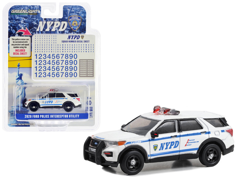 2020 Ford Police Interceptor Utility White New York City Police Dept NYPD with NYPD Squad Number Decal Sheet Hot Pursuit Hobby Exclusive Series 1/64 Diecast Model Car Greenlight 42776