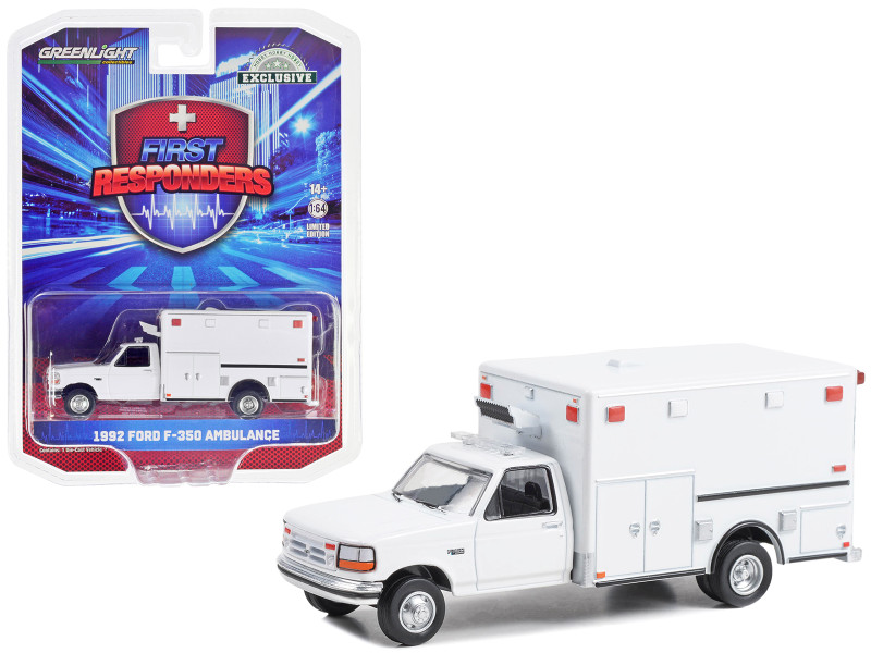 1992 Ford F 350 Ambulance White First Responders Hobby Exclusive Series 1/64 Diecast Model Car Greenlight 67061