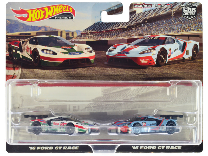 2016 Ford GT Race #67 White with Green and Red Stripes and 2016 Ford GT Race #69 Light Blue Metallic with Orange Stripes Car Culture Set of 2 Cars Diecast Model Cars Hot Wheels HCY72