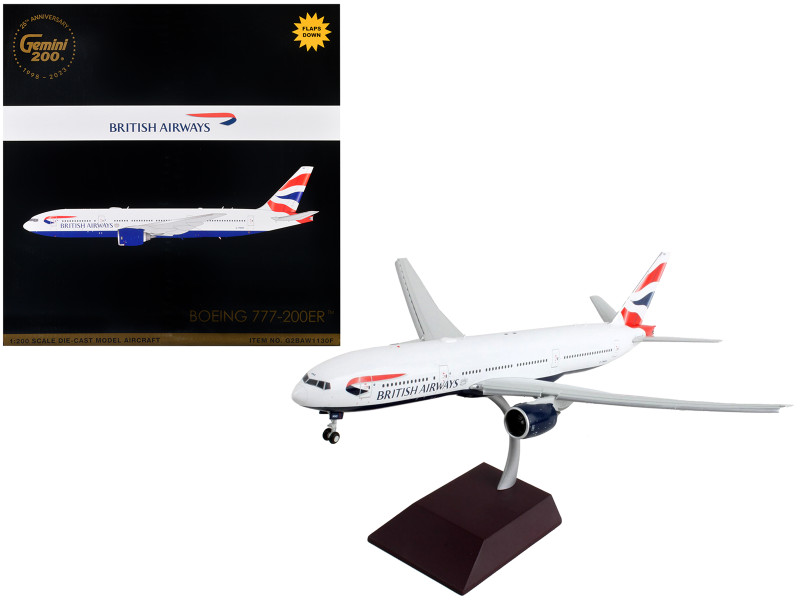Boeing 777 200ER Commercial Aircraft with Flaps Down British Airways White with Striped Tail Gemini 200 Series 1/200 Diecast Model Airplane GeminiJets G2BAW1130F