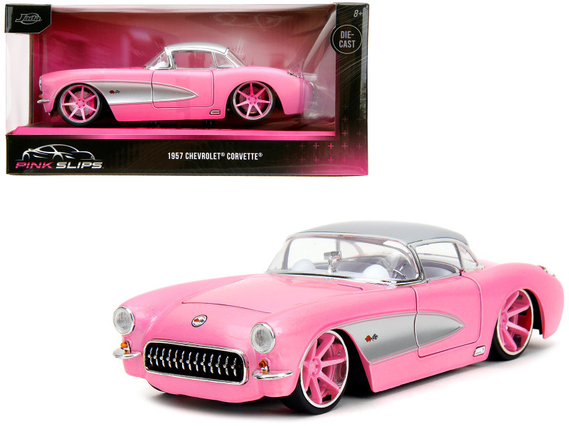 1957 Chevrolet Corvette Pink Metallic with Silver Top and White Interior Pink Slips Series 1/24 Diecast Model Car Jada 35161