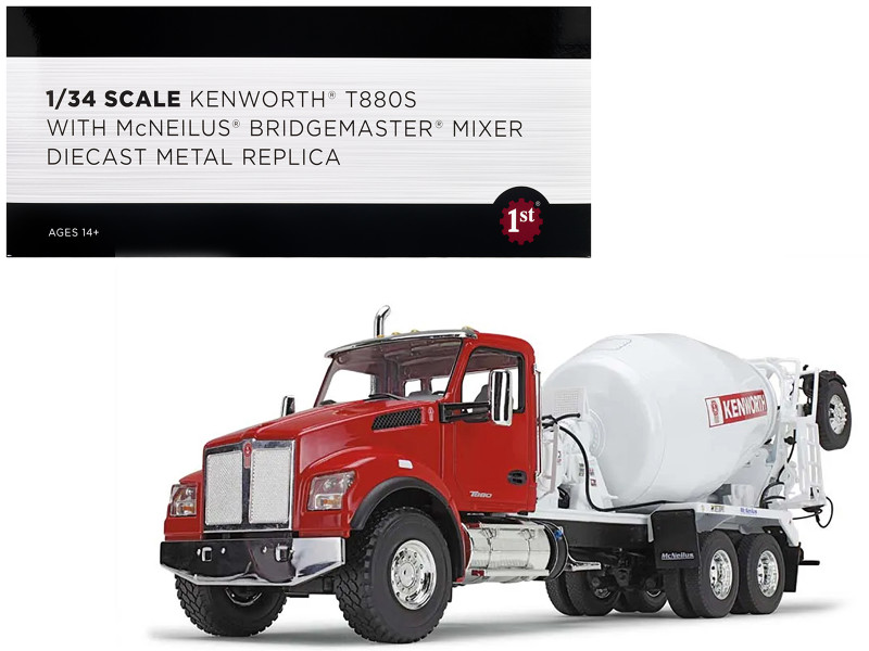 Kenworth T880S Truck with McNeilus Bridgemaster Cement Mixer Red and White 1/34 Diecast Model First Gear FG10-4324