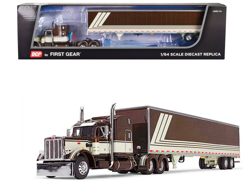 Peterbilt 359 with 63 Mid Roof Sleeper and 53 Utility Trailer Brown and Cream 1/64 Diecast Model DCP/First Gear 60-1675