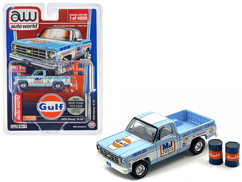 1978 Chevrolet C10 Pickup Truck Light Blue with White Stripes Gulf Oil M&J Service & Repair with Barrel Accessories 2023 New York Toy Fair Limited Edition to 4800 pieces Worldwide 1/64 Diecast Model Car Auto World CP8055