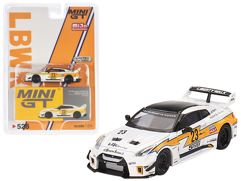 Nissan LB Silhouette Works GT 35GT RR Ver 1 RHD Right Hand Drive #23 White with Yellow Stripes LB Racing Limited Edition to 5400 pieces Worldwide 1/64 Diecast Model Car True Scale Miniatures MGT00528