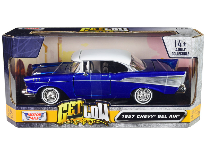 1957 Chevrolet Bel Air Lowrider Candy Blue with White Top Get Low Series 1/24 Diecast Model Car Motormax 79030bl