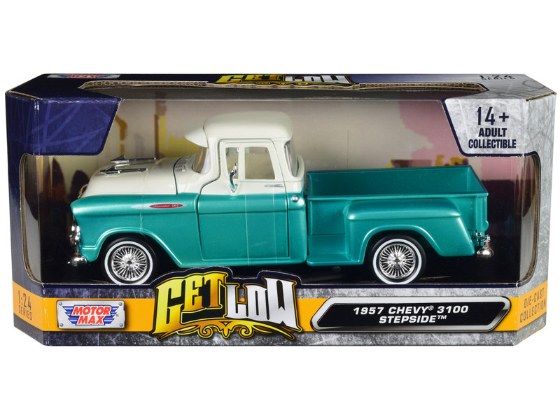 1957 Chevrolet 3100 Stepside Pickup Truck Lowrider Turquoise Metallic and White with White Interior Get Low Series 1/24 Diecast Model Car Motormax 79032tur