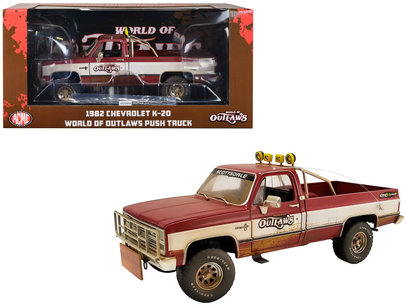 1982 Chevrolet K 20 Push Truck Red and White Dirty World of Outlaws 1/18 Diecast Model Car Greenlight ACME 51496
