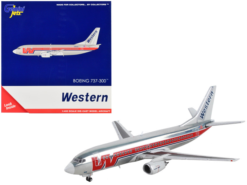 Boeing 737 300 Commercial Aircraft Western Airlines Silver with Red Stripes 1/400 Diecast Model Airplane GeminiJets GJ1202