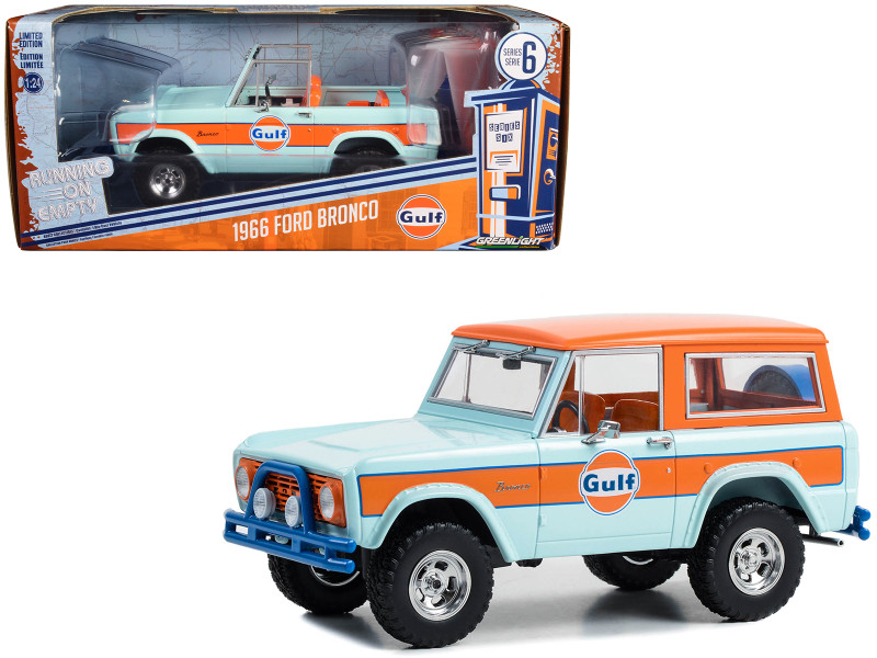 1966 Ford Bronco Light Blue with Orange Stripes and Top Gulf Oil Running on Empty Series 6 1/24 Diecast Model Car Greenlight 85071