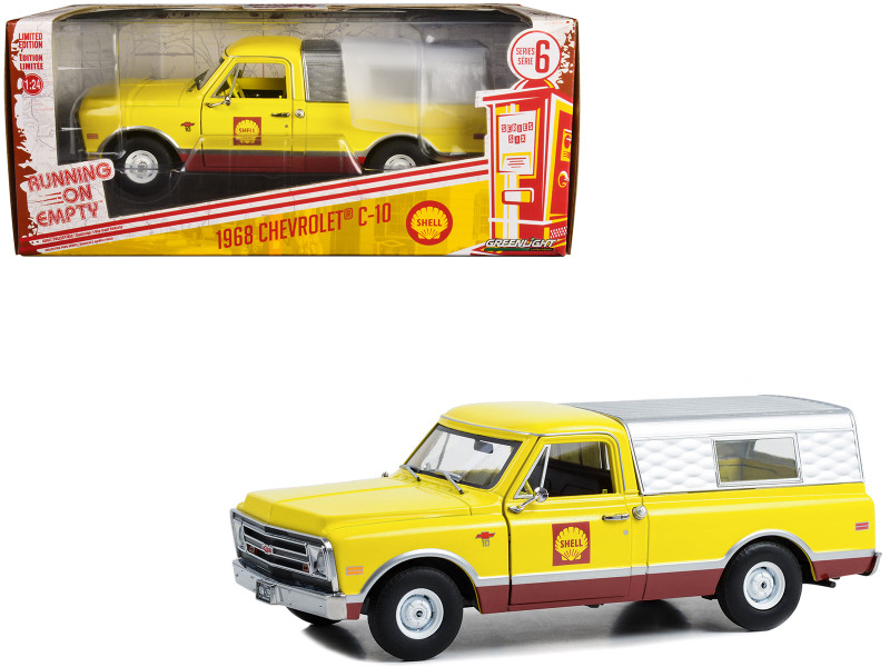 1968 Chevrolet C 10 Pickup Truck Yellow and Red with Camper Shell Shell Oil Running on Empty Series 6 1/24 Diecast Model Car Greenlight 85072
