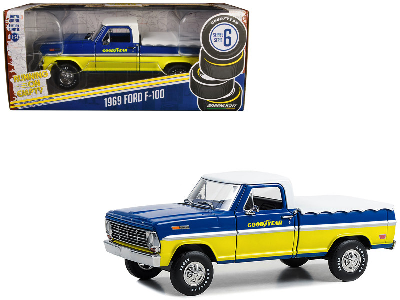 1969 Ford F 100 Pickup Truck Blue and Yellow with White Top and Bed Cover Goodyear Tires Running on Empty Series 6 1/24 Diecast Model Car Greenlight GL85073
