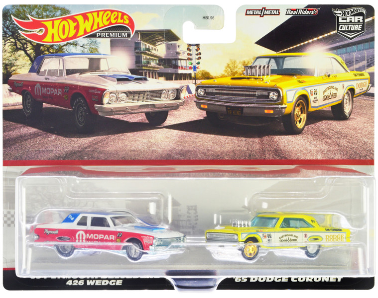 1963 Plymouth Belvedere 426 Wedge MOPAR White and Red with Blue Top and 1965 Dodge Coronet Eastbound and Crowned Yellow and White Car Culture Set of 2 Cars Diecast Model Cars Hot Wheels HKF56