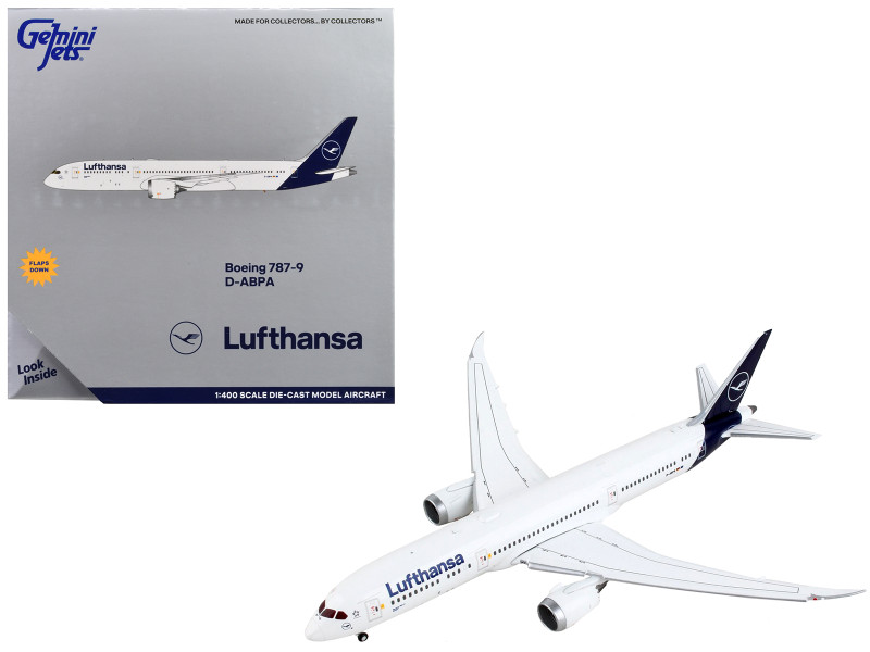 Boeing 787 9 Commercial Aircraft with Flaps Down Lufthansa White with Dark Blue Tail 1/400 Diecast Model Airplane  GeminiJets GJ2046F