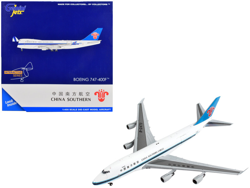 Boeing 747 400F Commercial Aircraft China Southern Cargo White with Black Stripes and Blue Tail Interactive Series 1/400 Diecast Model Airplane GeminiJets GJ2065