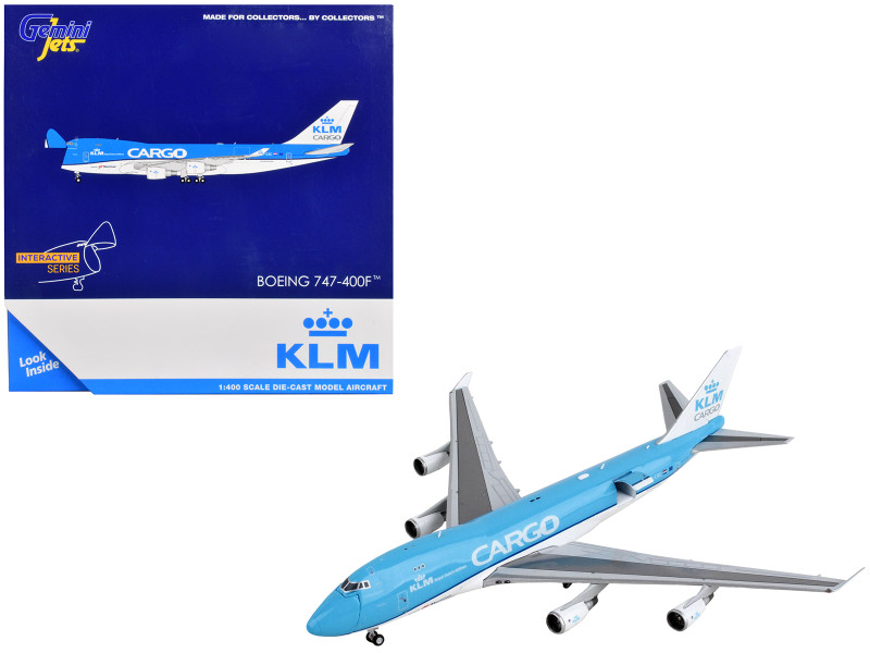 Boeing 747 400F Commercial Aircraft KLM Royal Dutch Airlines Cargo Blue and White Interactive Series 1/400 Diecast Model Airplane GeminiJets GJ2077