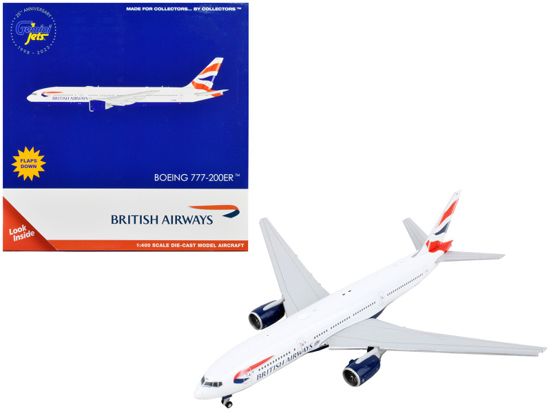 Boeing 777 200ER Commercial Aircraft with Flaps Down British Airways White with Tail Stripes 1/400 Diecast Model Airplane GeminiJets GJ2117F