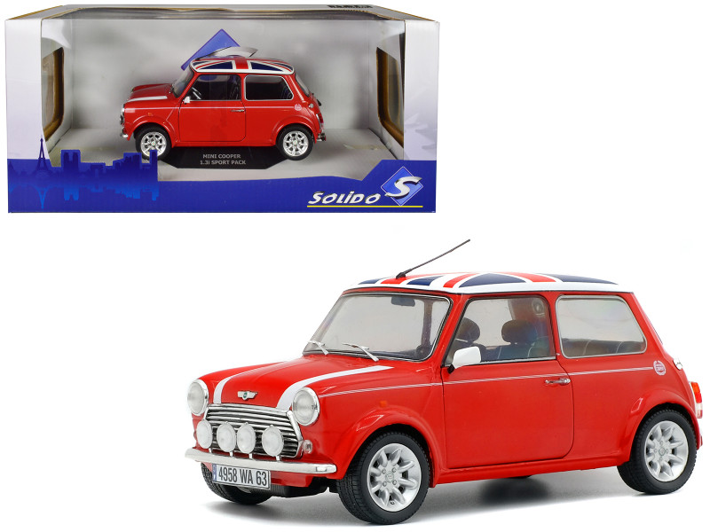 Mini Cooper 1 3i Sport Pack Red with White Stripes and UK Flag on Top 1/18 Diecast Model Car Solido S1800604