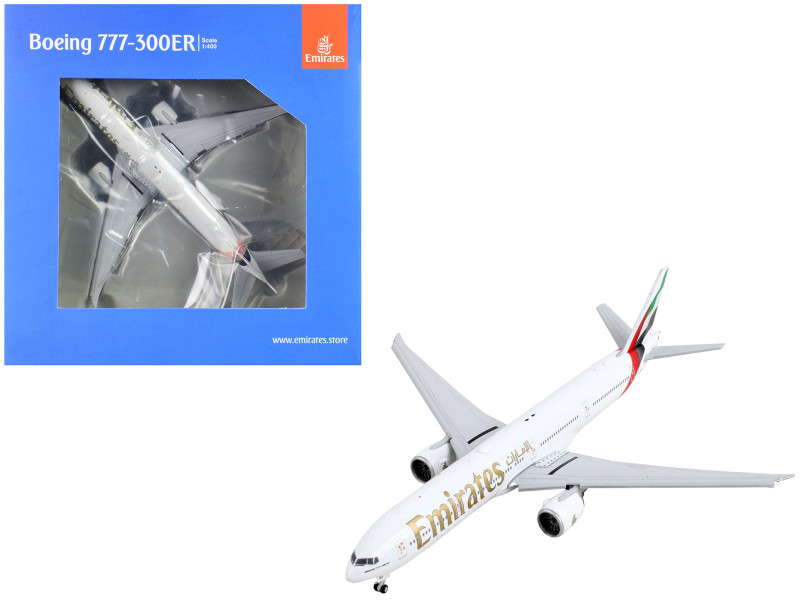 Boeing 777 300ER Commercial Aircraft with Flaps Down Emirates Airlines White with Tail Stripes 1/400 Diecast Model Airplane GeminiJets GJ2219F