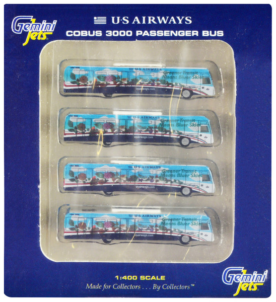 Cobus 3000 Passenger Bus White and Blue with Graphics US Airways Shuttle Bus Greener Transit 4 Piece Set 1/400 Diecast Models GeminiJets GJ1534