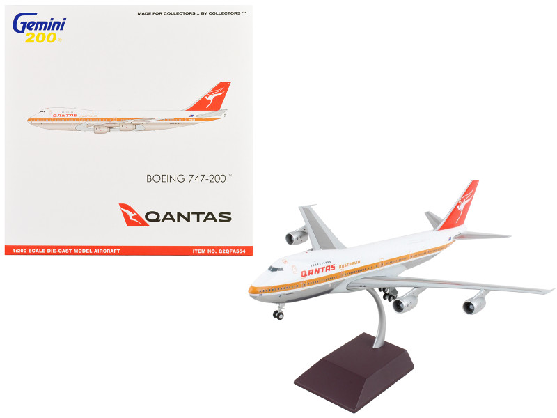 Boeing 747 200 Commercial Aircraft Qantas Airways Australia White with Orange Stripes and Red Tail Gemini 200 Series 1/200 Diecast Model Airplane GeminiJets G2QFA554