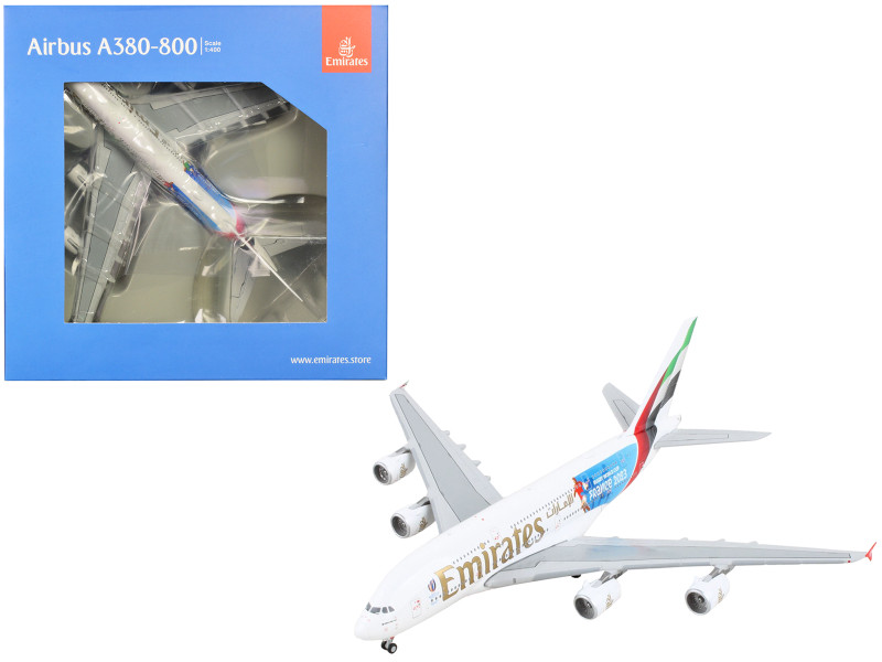Airbus A380 800 Commercial Aircraft Emirates Airlines 2023 Rugby World Cup Sponsor White with Striped Tail 1/400 Diecast Model Airplane GeminiJets GJ2242