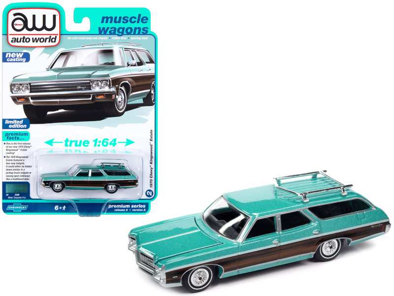 1970 Chevrolet Kingswood Estate Wagon Misty Turquoise Metallic with Side Woodgrain Muscle Wagons Limited Edition 1/64 Diecast Model Car Auto World 64422-AWSP142A