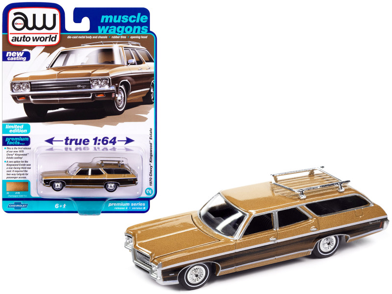 1970 Chevrolet Kingswood Estate Wagon Champagne Gold Metallic with Side Woodgrain Muscle Wagons Limited Edition 1/64 Diecast Model Car Auto World 64422-AWSP142B