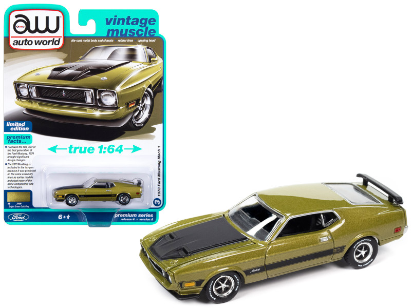 1973 Ford Mustang Mach 1 Bright Green Gold Metallic with Black Hood and Stripes Vintage Muscle Limited Edition 1/64 Diecast Model Car Auto World 64422-AWSP144A