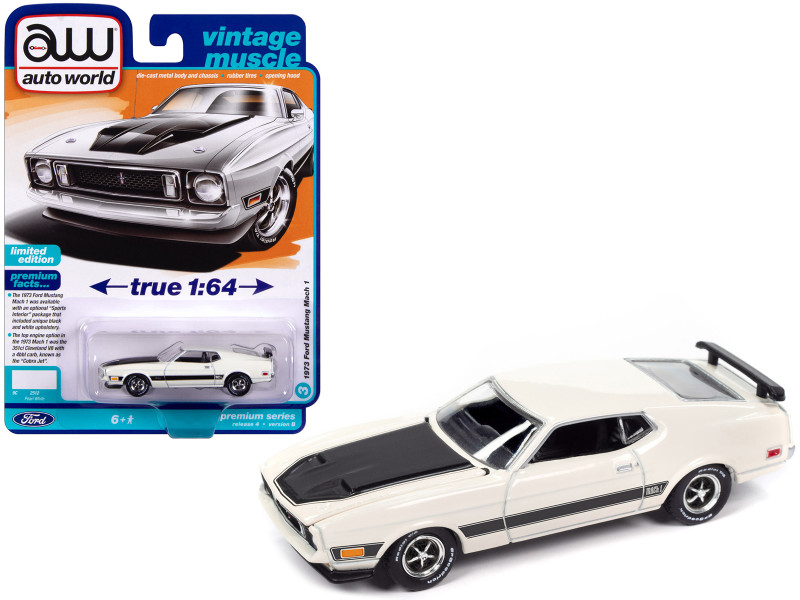 1973 Ford Mustang Mach 1 Pearl White with Black Hood and Stripes Vintage Muscle Limited Edition 1/64 Diecast Model Car Auto World 64422-AWSP144B