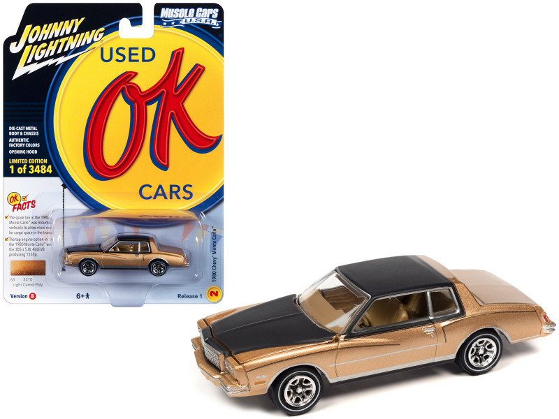 1980 Chevrolet Monte Carlo Light Camel Gold Metallic with Black Top and Hood Limited Edition to 3484 pieces Worldwide OK Used Cars 2023 Series 1/64 Diecast Model Car Johnny Lightning JLMC032-JLSP336B