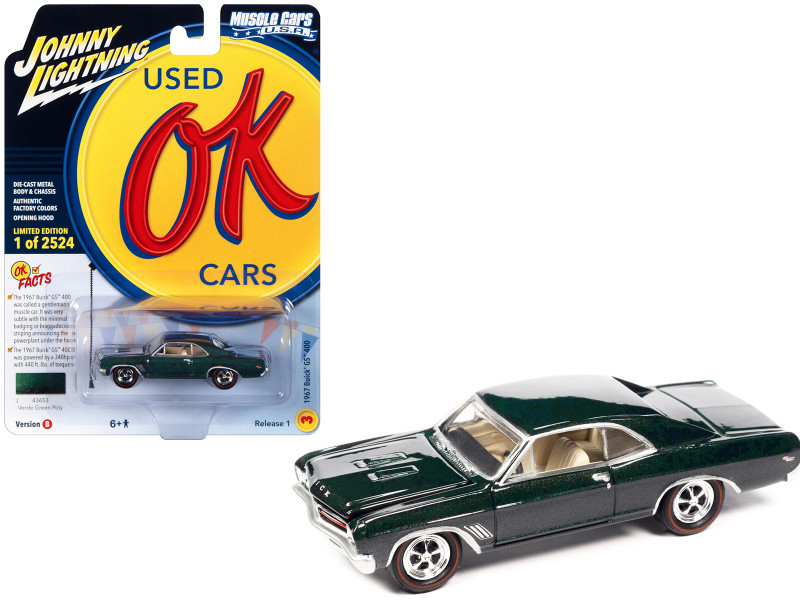 1967 Buick GS 400 Verde Green Metallic Limited Edition to 2524 pieces Worldwide OK Used Cars 2023 Series 1/64 Diecast Model Car Johnny Lightning JLMC032-JLSP337B