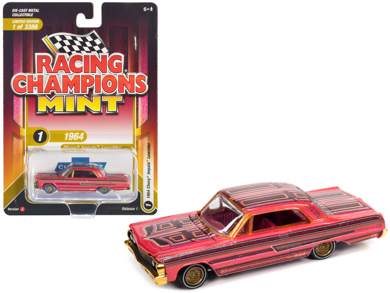 1964 Chevrolet Impala Lowrider Pink with Graphics and Pink Interior Racing Champions Mint 2023 Release 1 Limited Edition to 3388 pieces Worldwide 1/64 Diecast Model Car Racing Champions RC016-RCSP028A