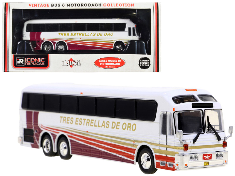 1984 Eagle Model 10 Motorcoach Bus Tres Estrellas de Oro White with Stripes Vintage Bus & Motorcoach Collection Limited Edition to 504 pieces Worldwide 1/87 HO Diecast Model Iconic Replicas 87-0471