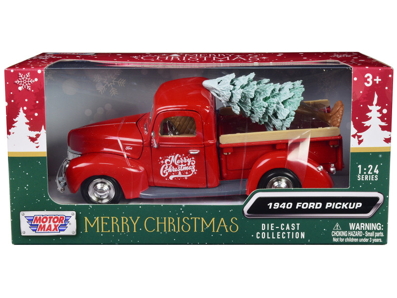 1937 Ford Pickup Truck Red and Black Merry Christmas with Tree Accessory 1/24 Diecast Model Car Motormax 73233RBIXMT