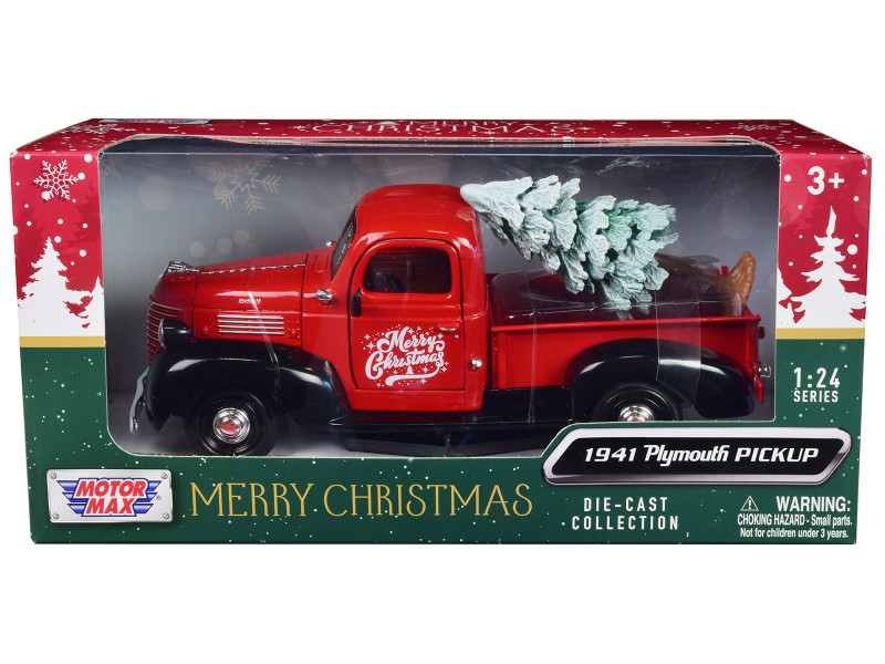 1941 Plymouth Pickup Truck Red and Black Merry Christmas with Tree Accessory 1/24 Diecast Model Car Motormax 73278RBIXMT