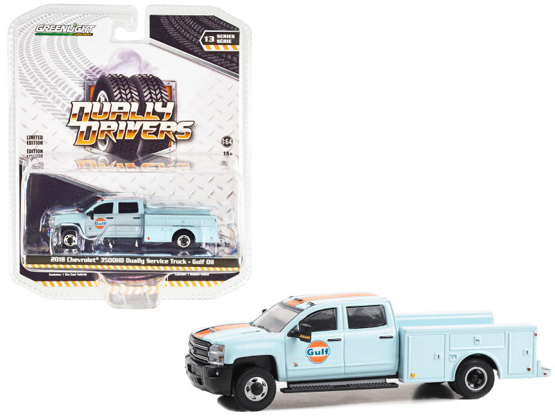 2018 Chevrolet 3500HD Dually Service Truck Light Blue with Orange Stripe Gulf Oil Dually Drivers Series 13 1/64 Diecast Model Car Greenlight 46130C