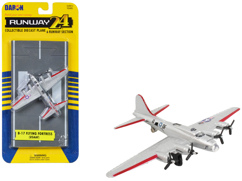 Boeing B 17 Flying Fortress Bomber Aircraft Silver Metallic United States Army Air Force with Runway Section Diecast Model Airplane Runway24 RW035