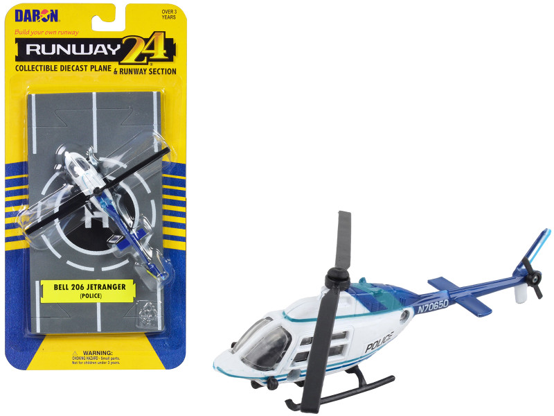 Bell 206 Jetranger Helicopter White and Blue Police N70650 with Runway Section Diecast Model Runway24 RW055