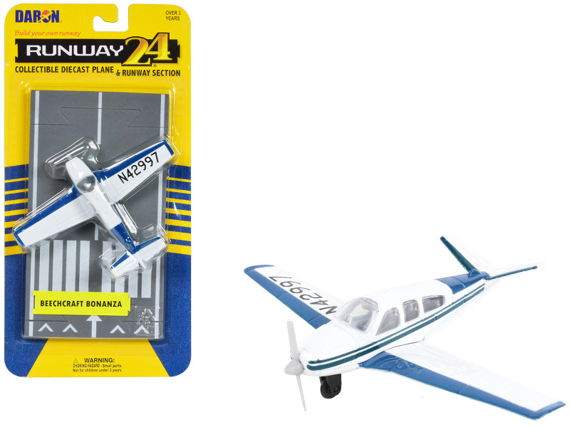 Beechcraft Bonanza Aircraft White with Blue Stripes N42997 with Runway Section Diecast Model Airplane Runway24 RW050