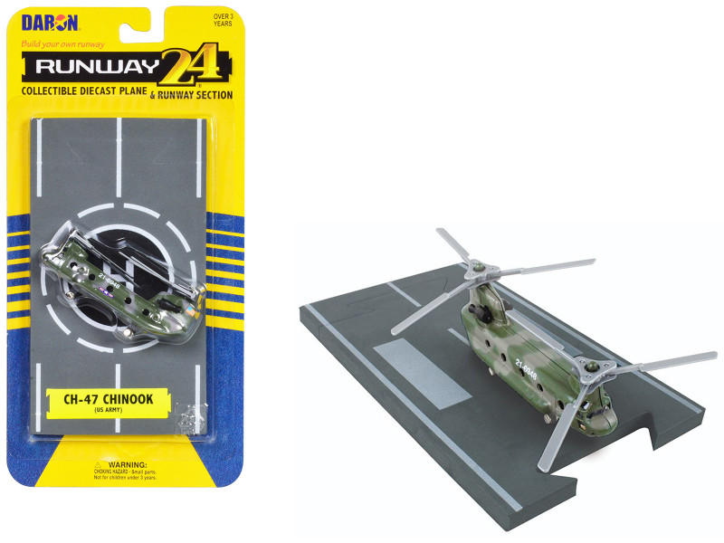 Boeing CH 47 Chinook Helicopter Olive Camouflage United States Army with Runway Section Diecast Model Runway24 RW062