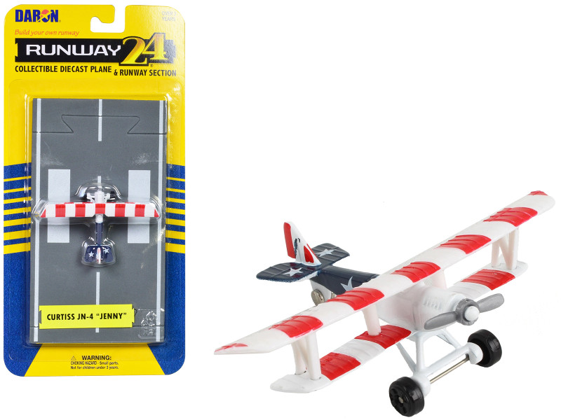 Curtiss JN 4 Jenny Training Aircraft Red & White with Blue Tail United States Flag Livery with Runway Section Diecast Model Airplane Runway24 RW080