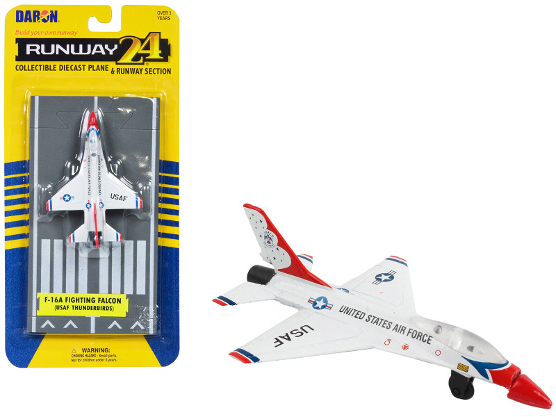 General Dynamics F 16 Fighting Falcon Fighter Aircraft White United States Air Force Thunderbirds with Runway Section Diecast Model Airplane Runway24 RW135