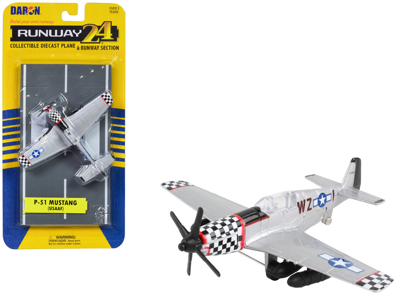 North American P 51 Mustang Fighter Aircraft Silver Metallic United States Army Air Force with Runway Section Diecast Model Airplane Runway24 RW195