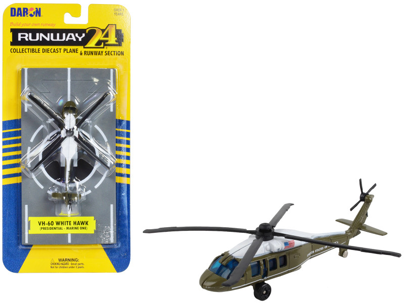 Sikorsky VH 60 White Hawk Helicopter Olive Drab with White Top United States Presidential Helicopter Marine One with Runway Section Diecast Model Runway24 RW235